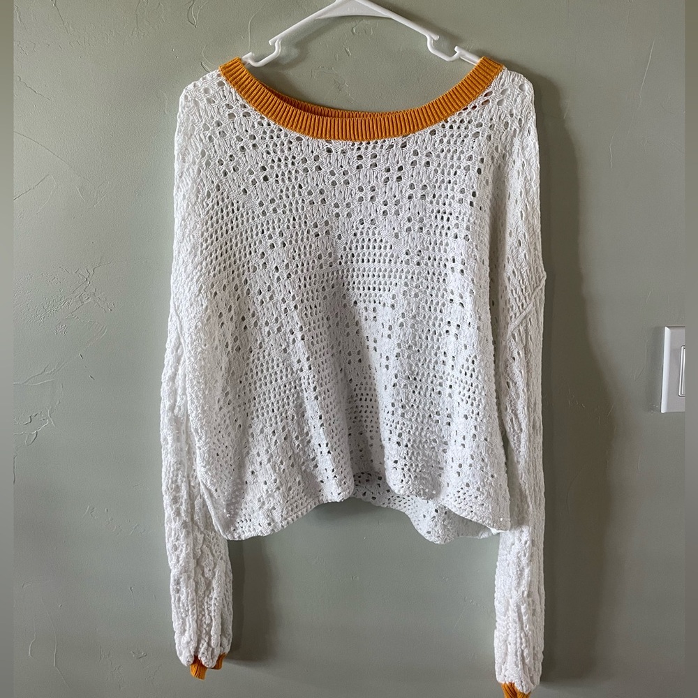 White Knit Sweater with Orange Trim from Free People